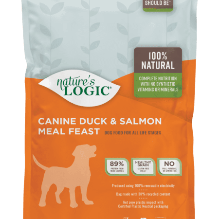 Nature's Logic Canine Duck & Salmon Meal Feast bag of dry dog food kibble.
