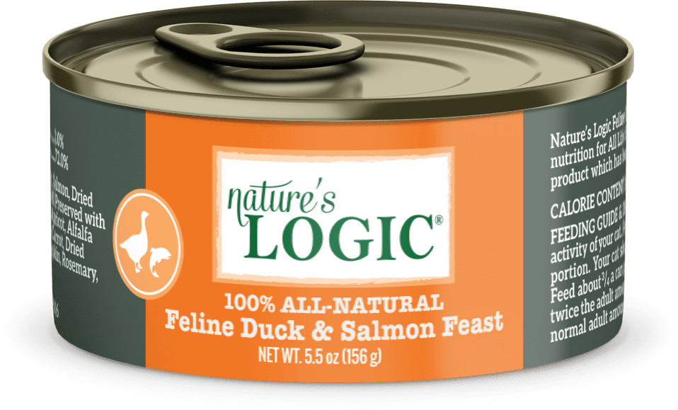 A can of Nature's Logic 100% All Natural Feline Duck & Salmon Feast wet cat food.