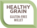 "Healthy grain, gluten-free millet" badge for Nature's Logic pet food.