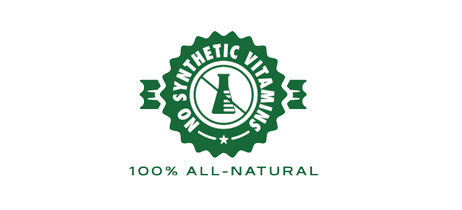 "100% all-natural, no synthetic vitamins" icon for Nature's Logic pet food.