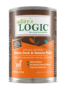 Nature's Logic Canine Duck & Salmon Feast dog food can.