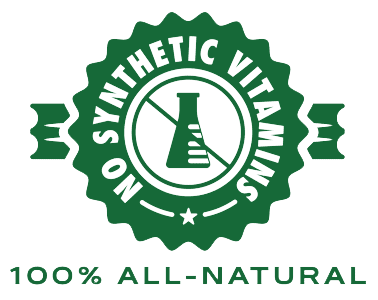 Badge confirming 100% All-Natural with no synthetic vitamins.