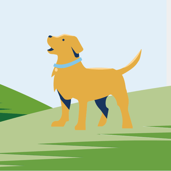 Drawing of barking dog standing on grass.