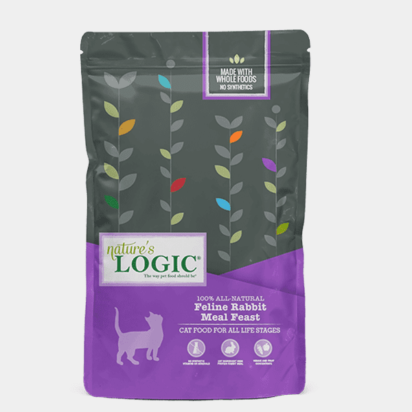 Nature's Logic Feline Rabbit Meal Feast bag of dry cat food kibble.