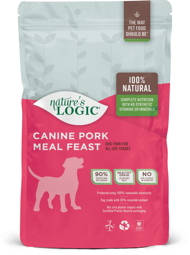 Nature's Logic Canine Pork Meal Feast bag of dry dog food kibble.