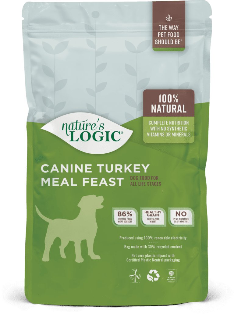 Nature's Logic Canine Turkey Meal Feast bag of dry dog food kibble.