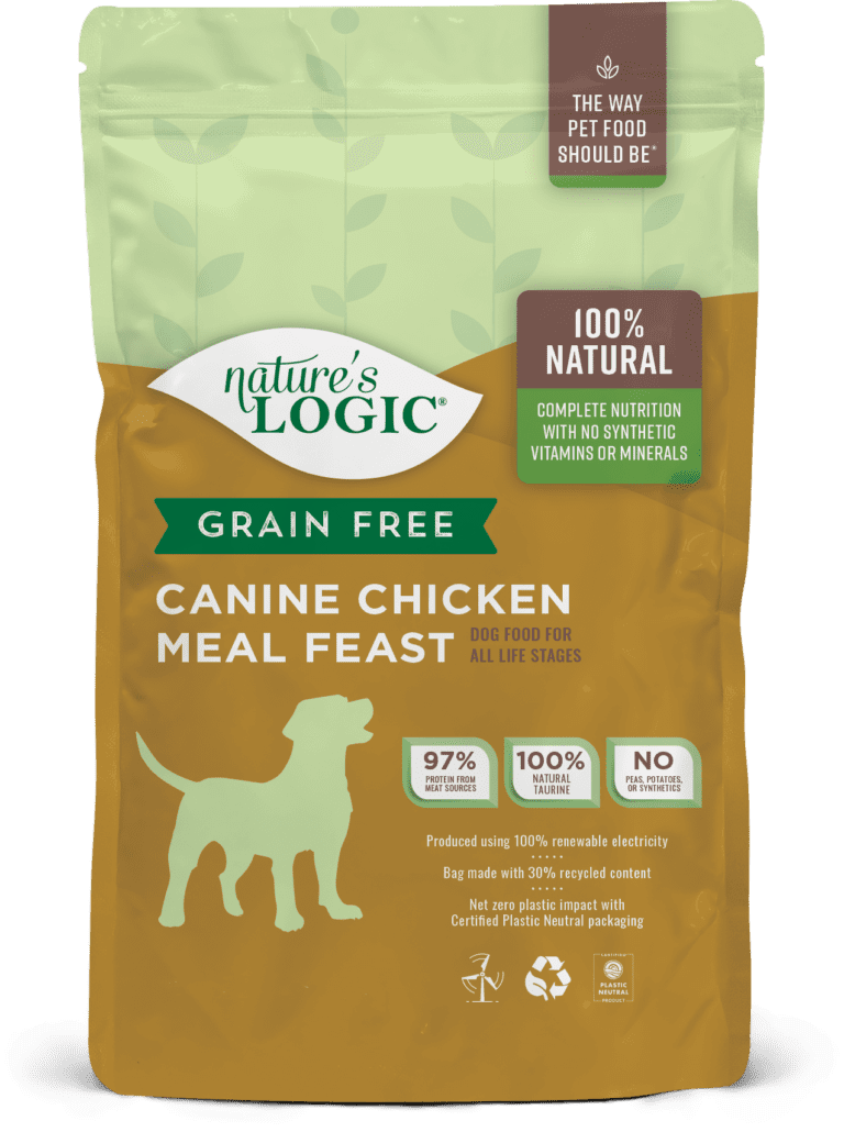 Nature's Logic Canine Grain Free Chicken Meal Feast bag of dry dog food kibble.