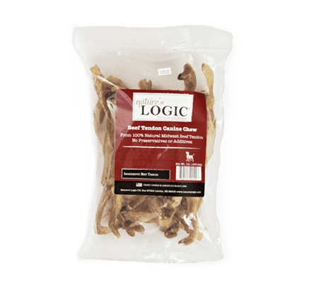A bag of Nature's Logic 100% Natural Beef Tendon Canine Chew healthy dog treats.