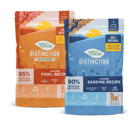 Nature's Logic Distinction Grain Free Canine Fowl Recipe & Distinction Canine Sardine Recipe bags.