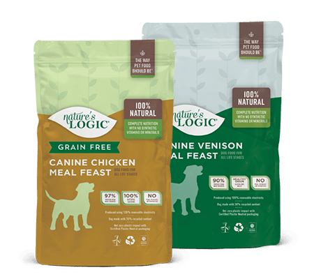 Nature's Logic Canine Venison Meal Feast and Grain Free Canine Chicken Meal Feast dry dog foods.