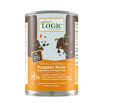A can of Nature's Logic 100% All Natural Pumpkin Puree Supplement for Dogs & Cats.