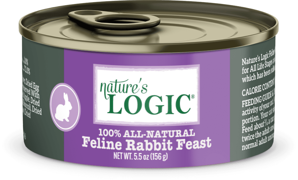 A can of Nature's Logic 100% All Natural Feline Rabbit Feast wet cat food.